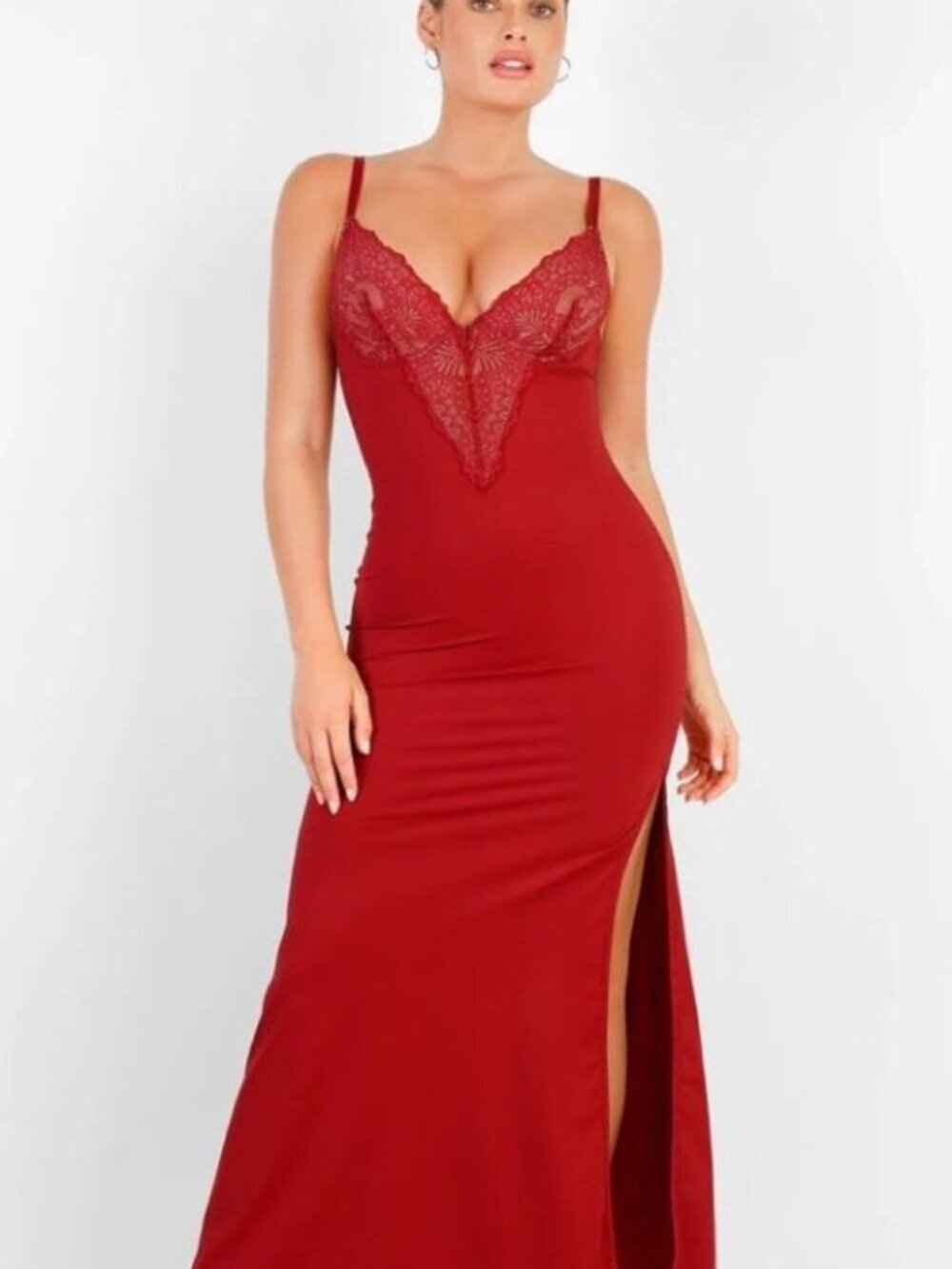 POPILUSH Shapewear Lace V Neck Side Slit Slimming Maxi Slip Dress 2XL Feminine